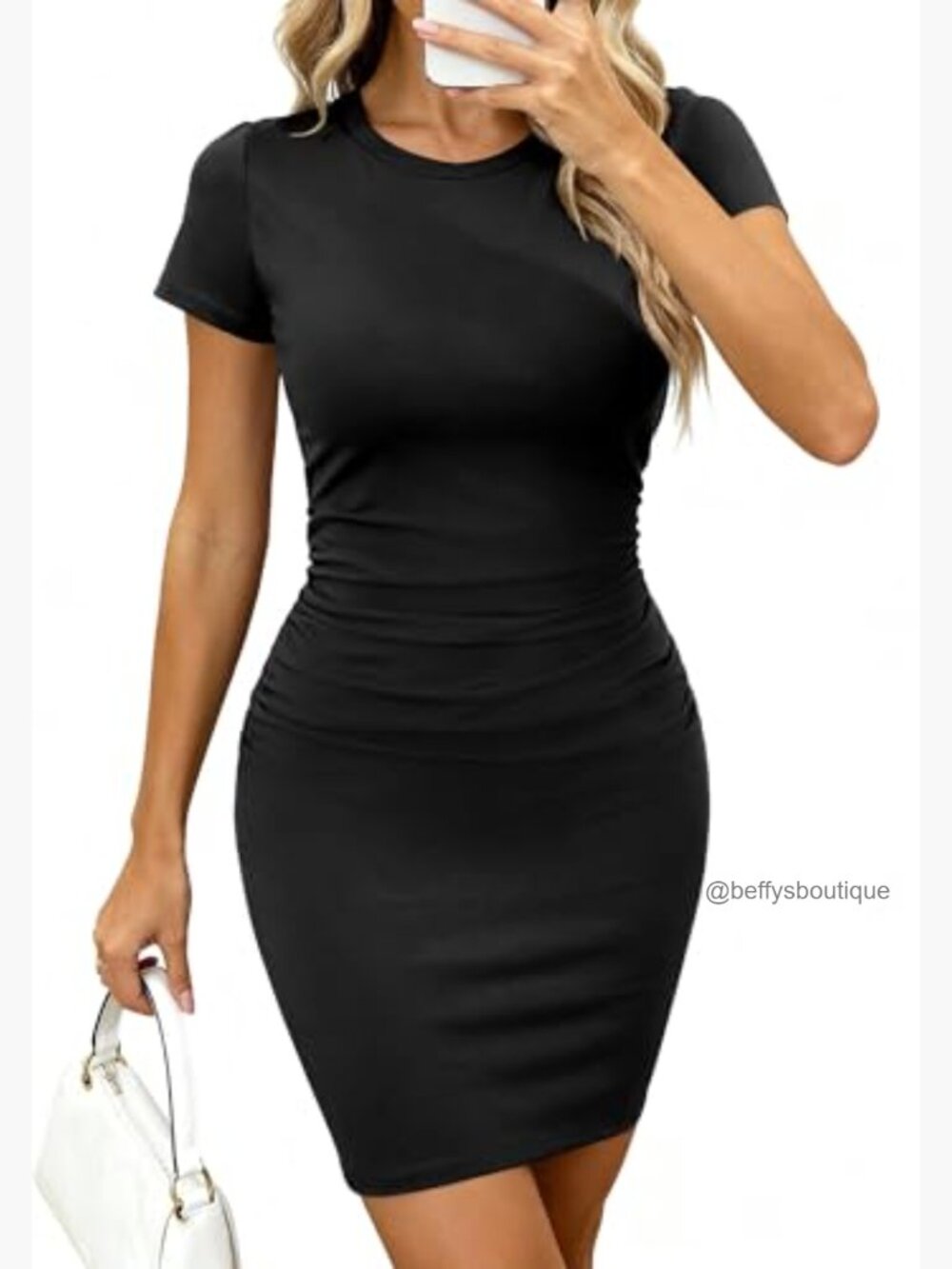 Ruched Bodycon Mini Dress Short Sleeve Crewneck Casual Cocktail Party - Picture 4 of 6